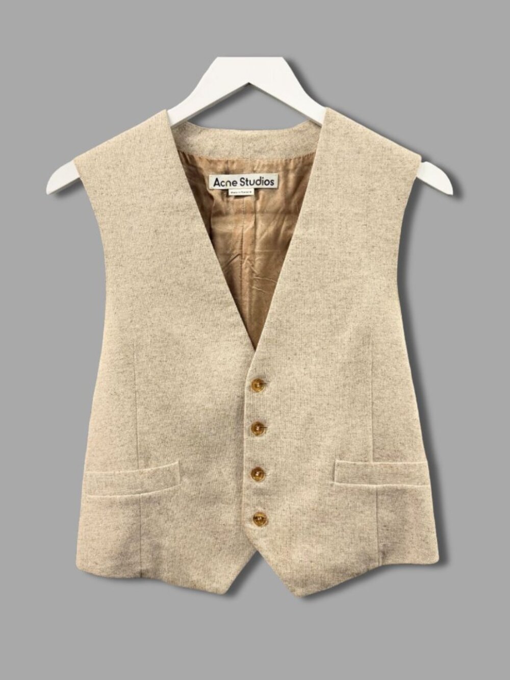 ACNE STUDIOS Beige Wool Blend Gold Back Logo Print Vest